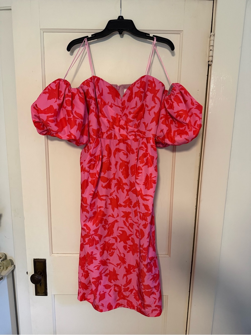 Amur Pink and Red Floral Puff-Sleeve Midi Dress